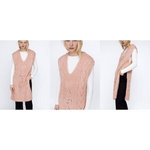 Zara Sweater Vest M Longline Cable Knit V-Neck Preppy 90s Y2k‎ Oversized Layer